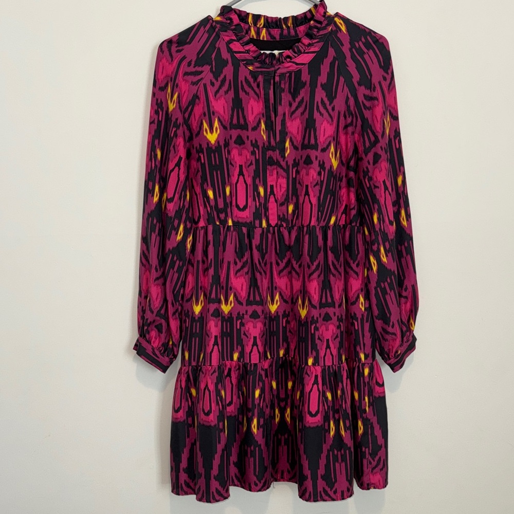 Marie Oliver Silk Vibrant Pink and Yellow Tiered Dress Size S